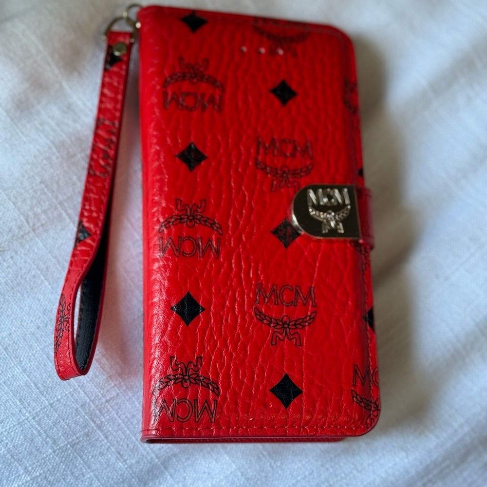 MCM Red Leather Phone Wallet with Strap